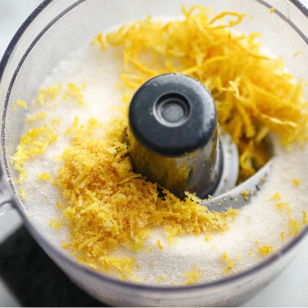 Lemon zest mixed with sugar in a food processor, ready to be blended.