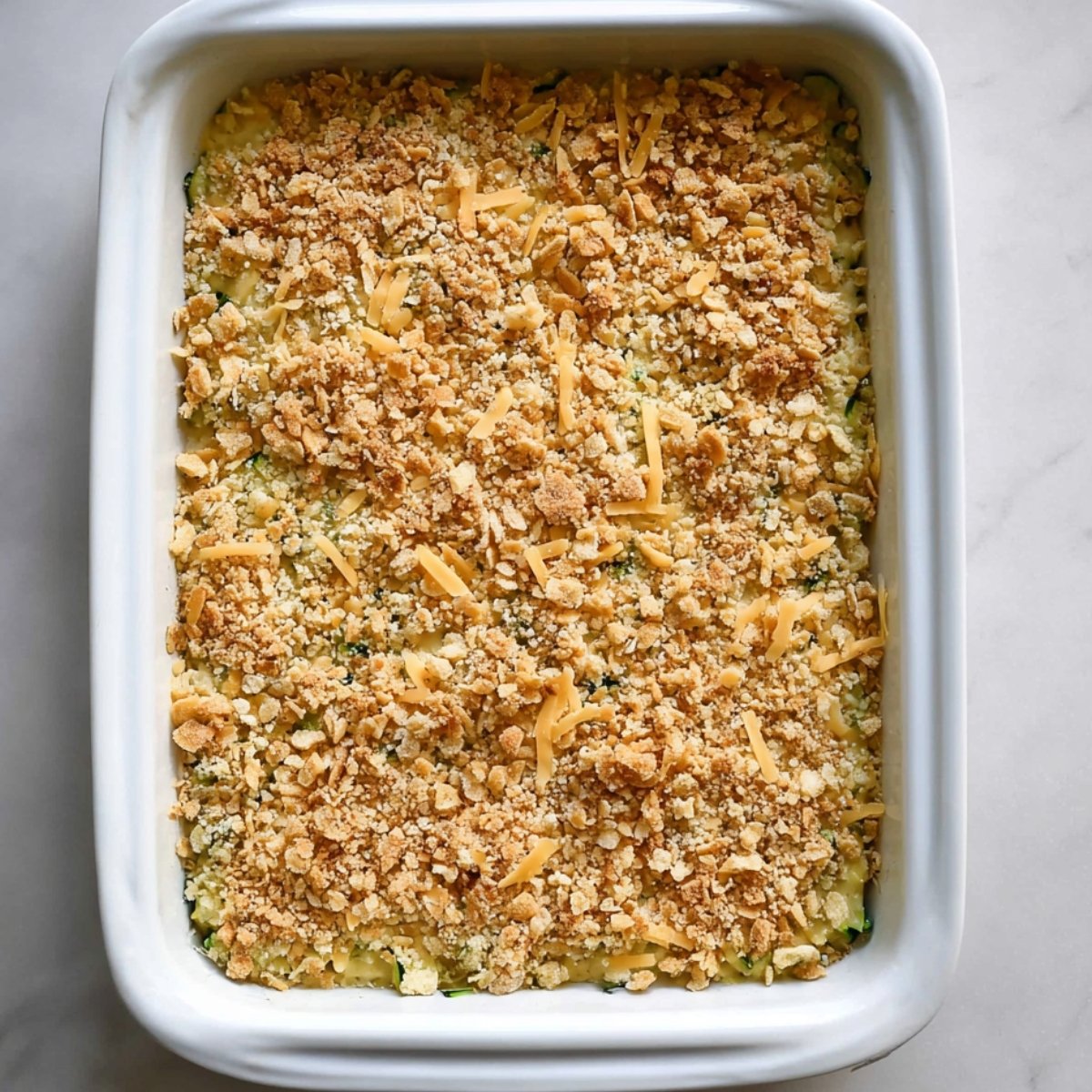 Pull the casserole out, sprinkle that cracker mixture all over the top, and slide it back in the oven. Bake for another 10 to 15 minutes, until the topping's golden and toasted.