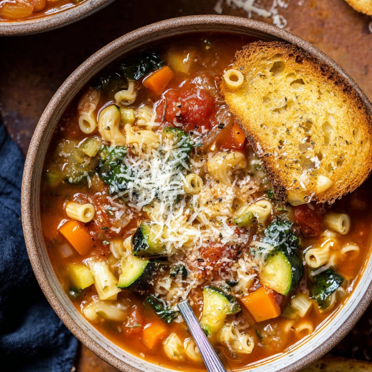 A close-up of a bowl of minestrone soup with pasta, vegetables, and grated cheese, served with a slice of toasted bread.