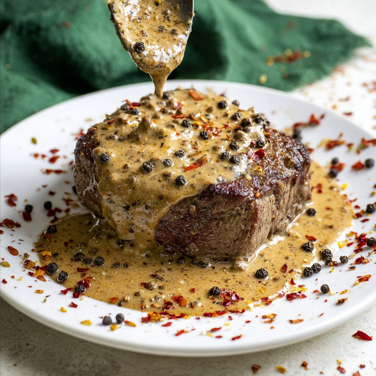 A juicy steak topped with creamy peppercorn sauce, sprinkled with black pepper and red chili flakes, resting on a white plate.
