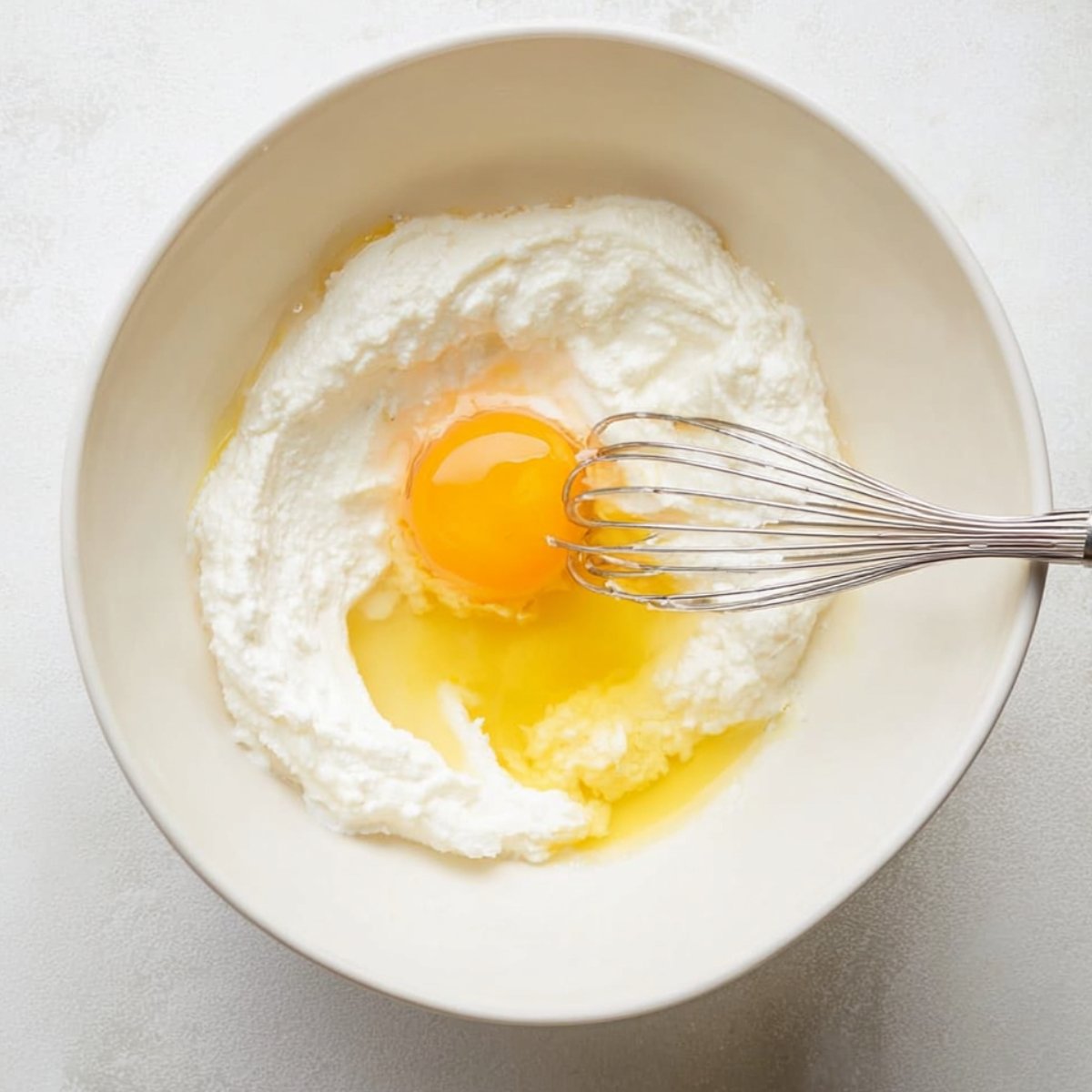 In a small bowl, whisk together the ricotta cheese and egg until it's smooth and creamy. This mixture helps hold the layers together and adds a nice richness to the lasagna with ricotta cheese.