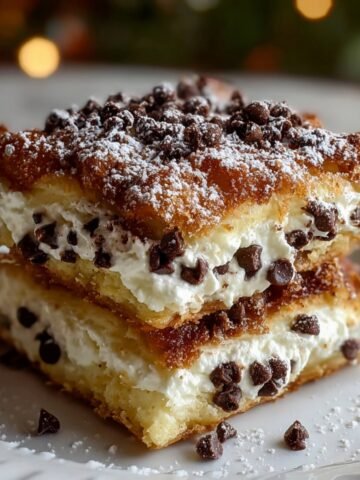 Ricotta Cannoli Squares stacked on a white plate, filled with creamy ricotta and mini chocolate chips, dusted generously with powdered sugar.