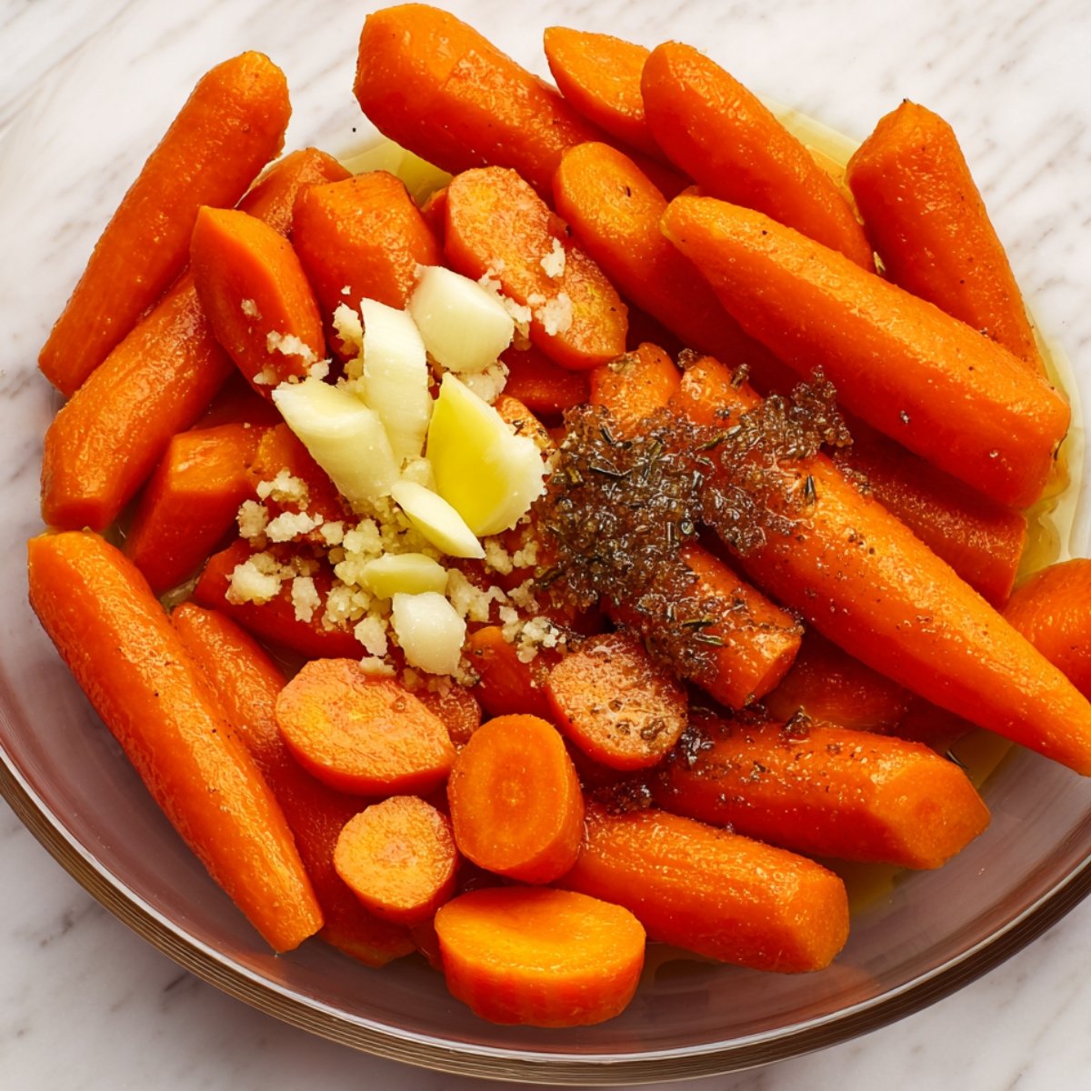In a large bowl, toss the carrots with brown sugar, melted butter, minced garlic, olive oil, salt, and pepper. Make sure every piece is coated. It'll look a little wet and sticky, that's exactly what you want.