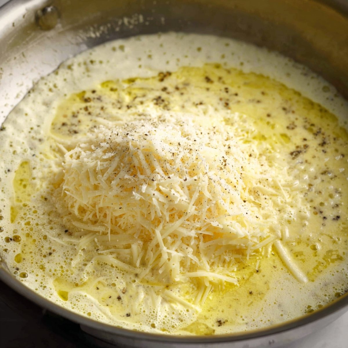 Grated Parmesan cheese melting into a creamy butter sauce in a pan.