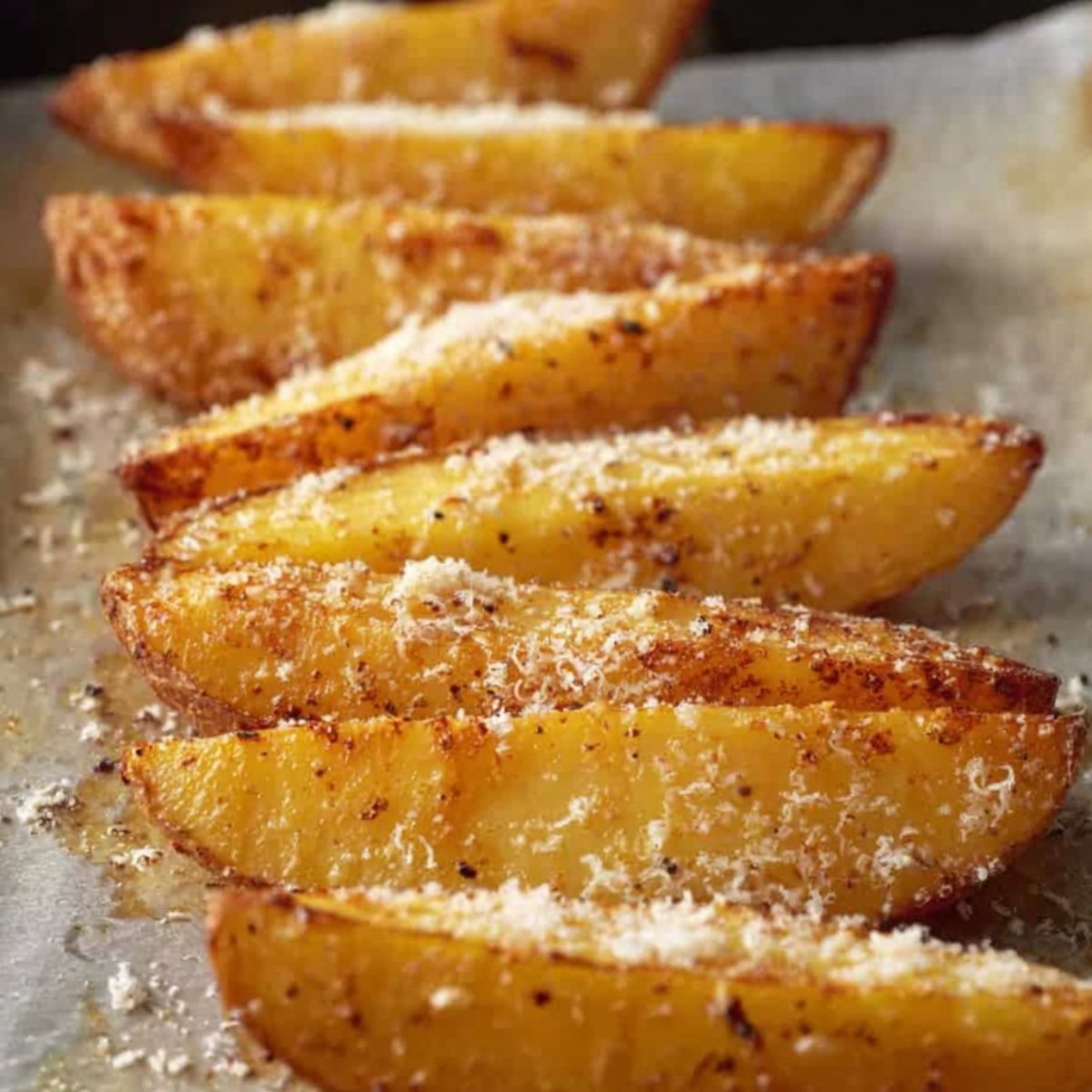 Baked potato wedges with crispy Parmesan topping.