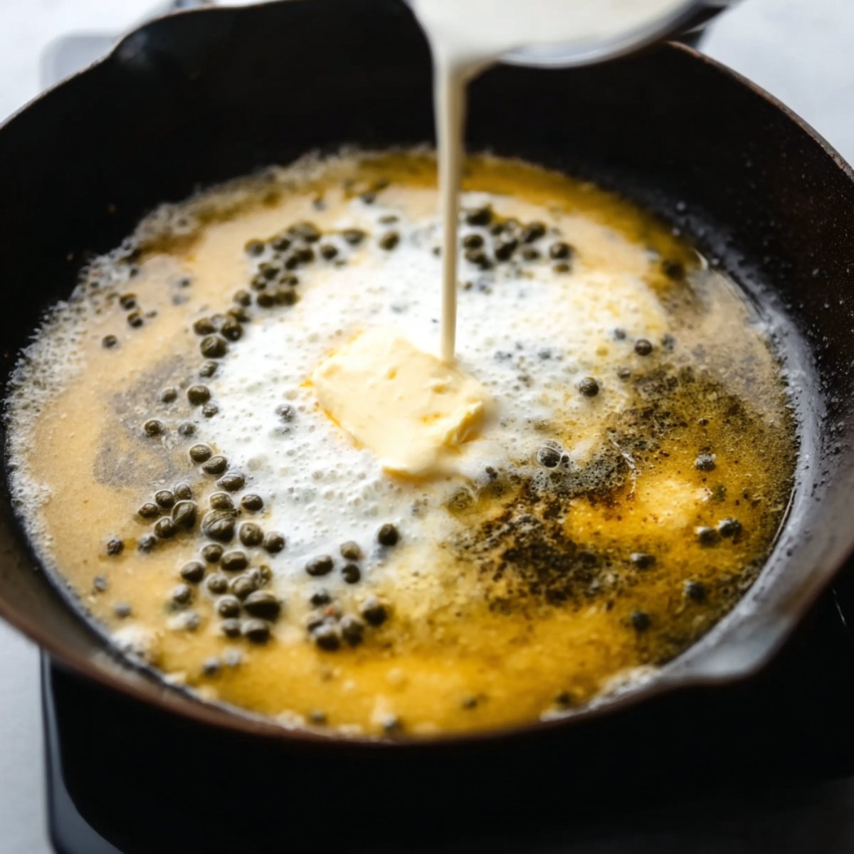 Lemon, capers, butter, and cream added to the pan to make piccata sauce.