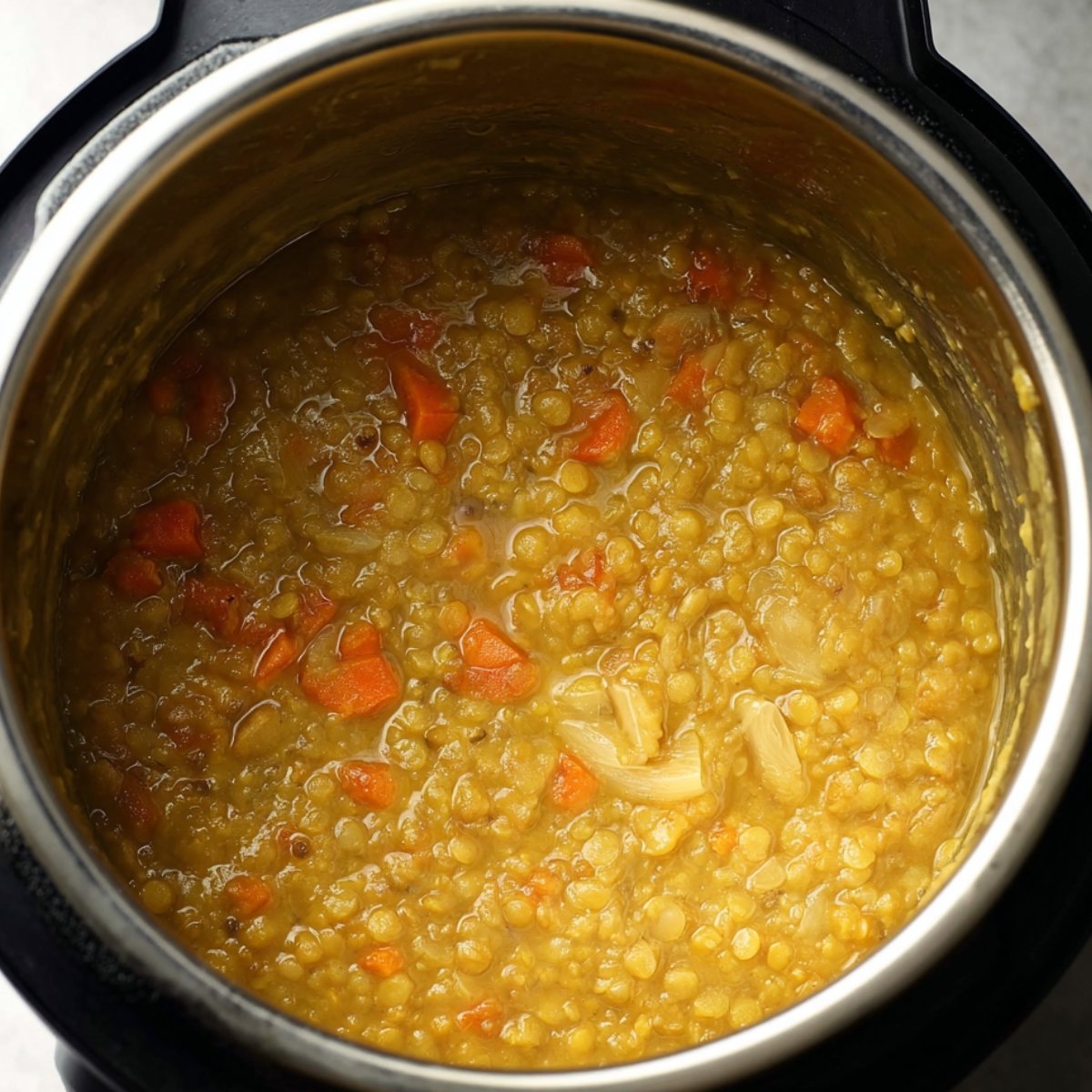 A close-up of a pressure cooker filled with lentil soup, with soft, cooked lentils, carrots, and onions visible, creating a hearty, comforting dish.
