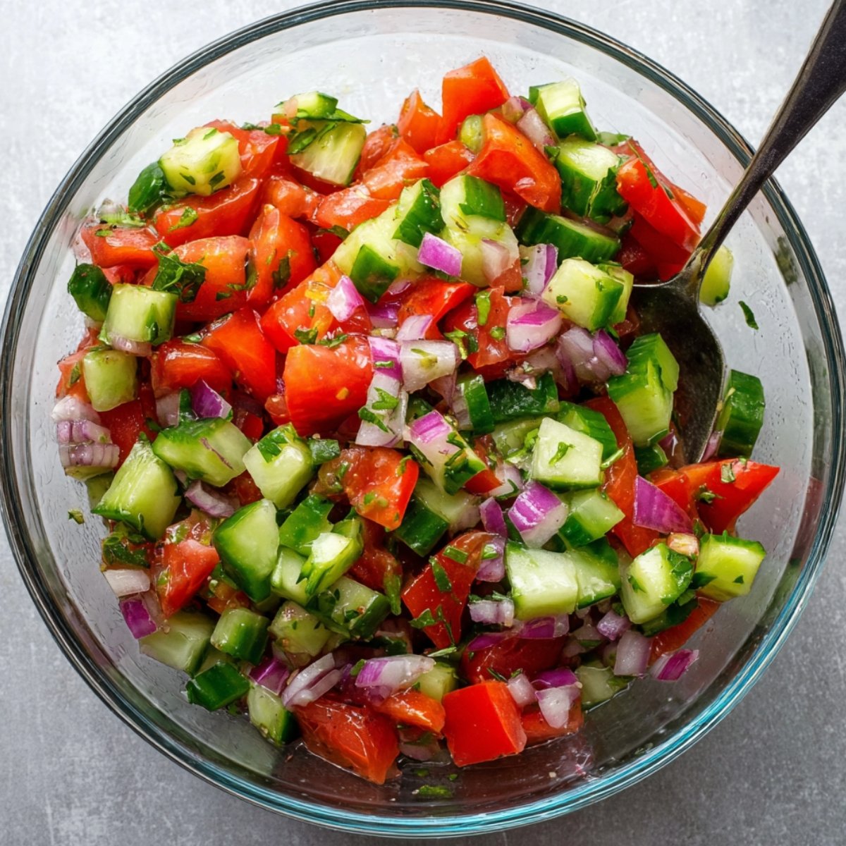 Toss in the diced tomatoes along with their juices and the sliced cucumber. The tomato juice adds extra flavor to the marinade.