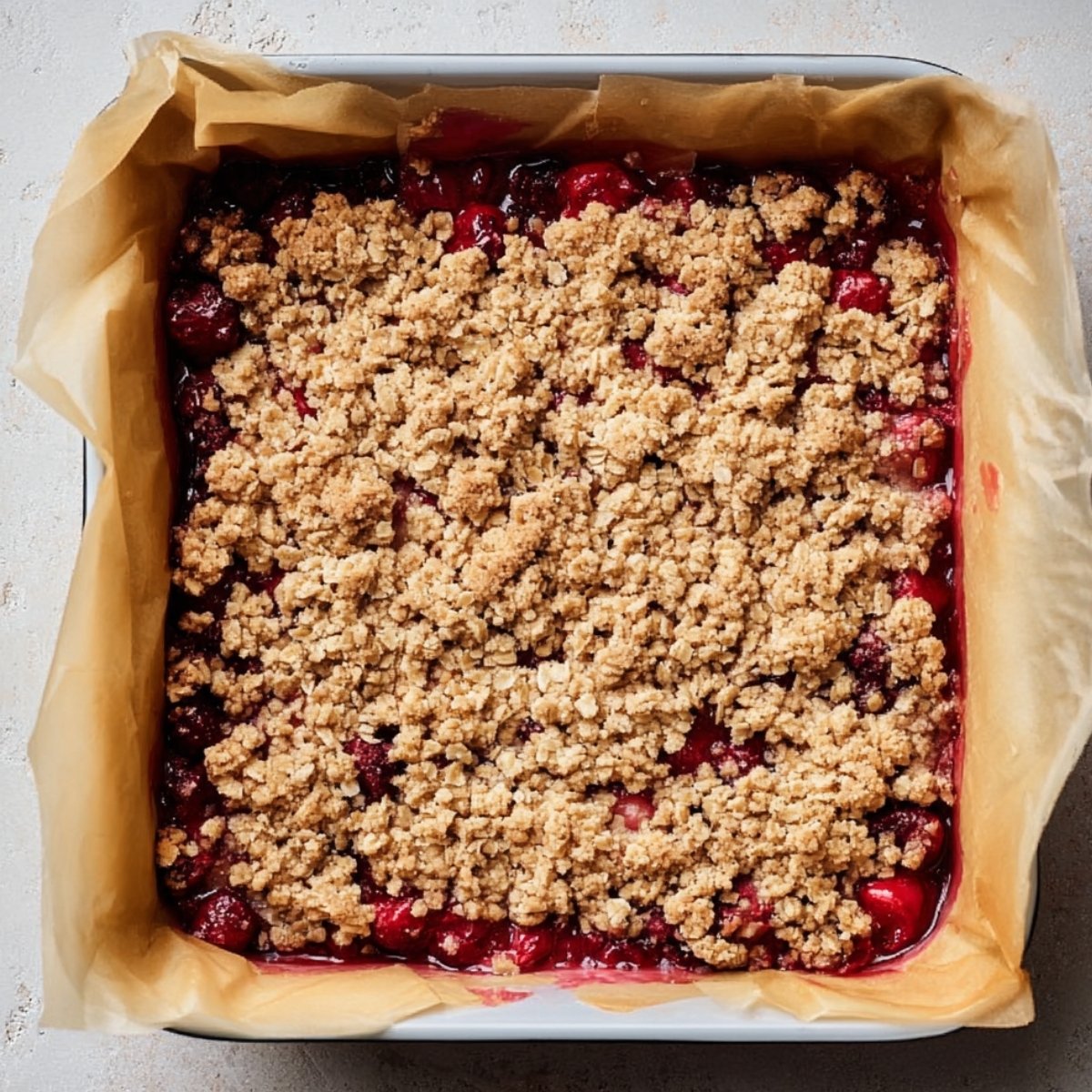 A baking pan filled with layers of cherry filling and oat crumble topping, ready to be baked into delicious cherry pie bars.