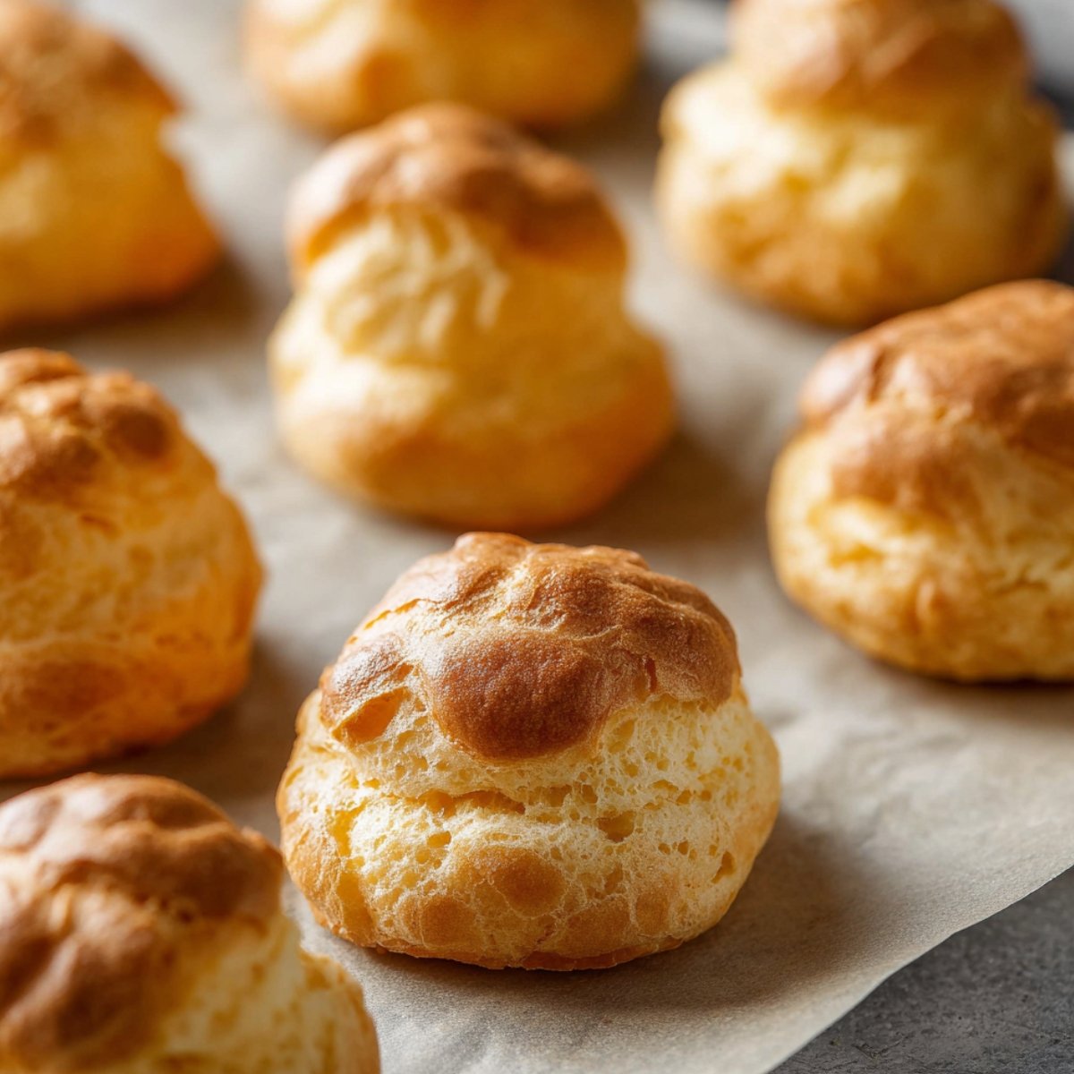 Golden-brown choux pastry puffs cooling on a parchment paper-lined baking tray after being baked.