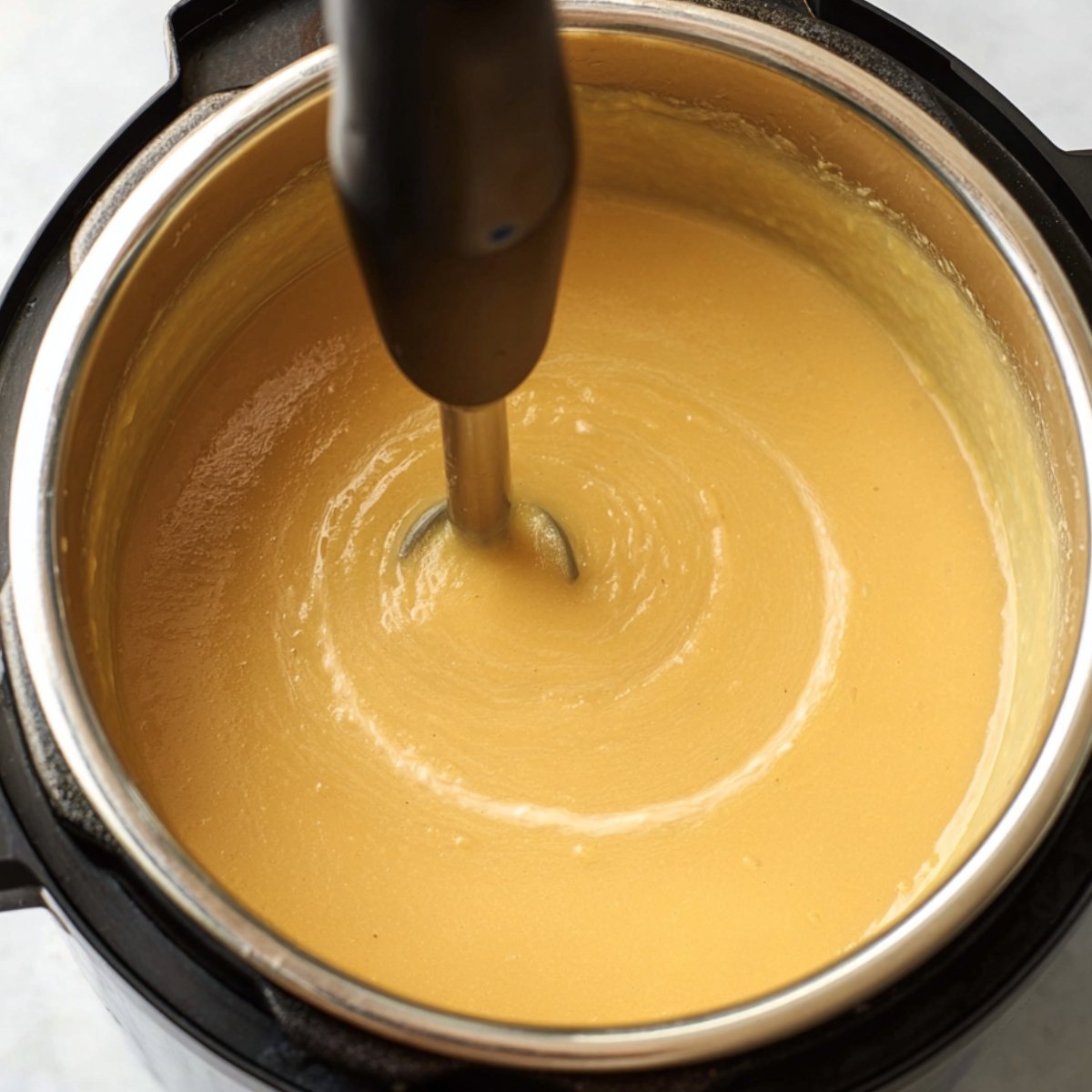 A close-up of a pressure cooker with creamy soup being blended with an immersion blender. The soup has a smooth, golden texture and is being pureed into a velvety consistency.