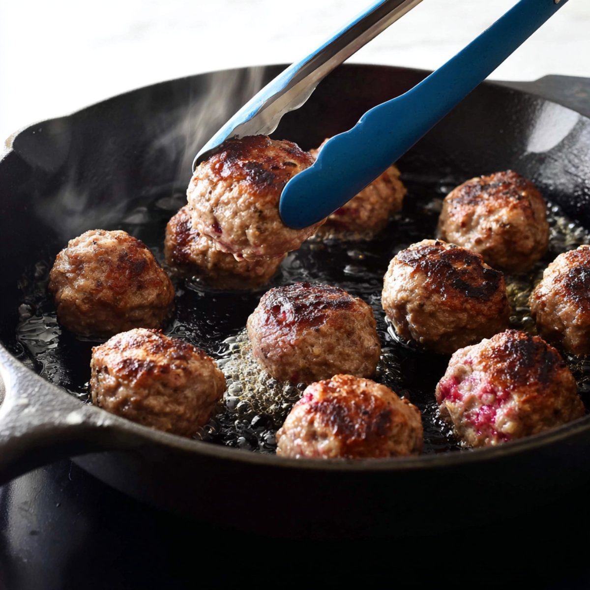 A pair of tongs flips meatballs in a hot cast-iron skillet, with the meatballs developing a brown crust.
