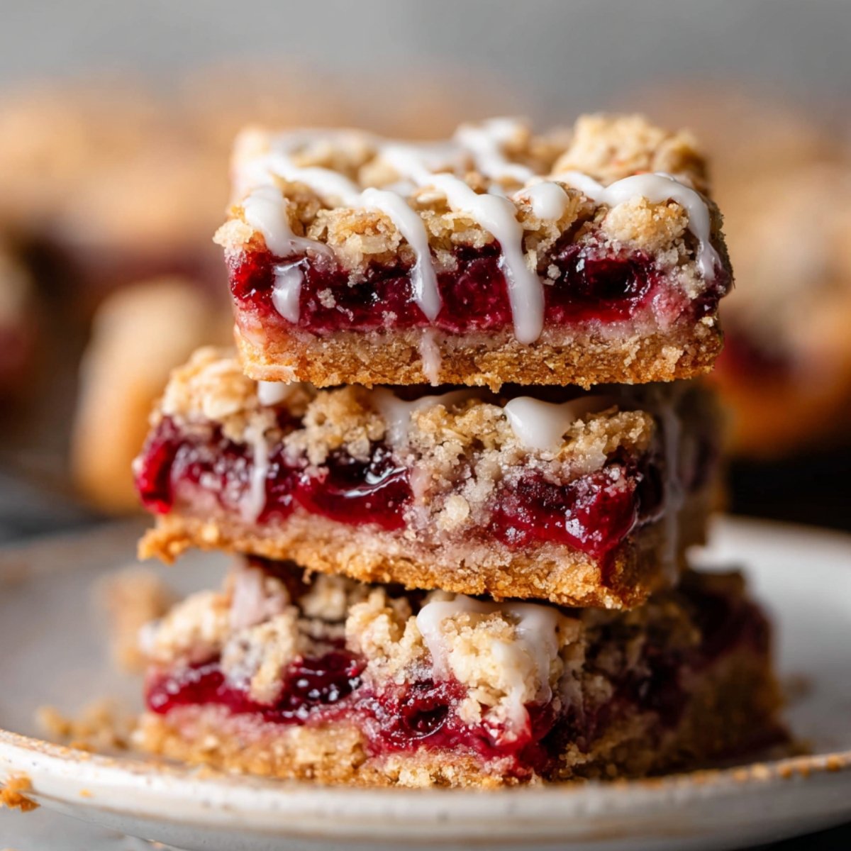 A stack of freshly baked Cherry Pie Bars with a golden, crumbly oat topping, filled with rich cherry filling and topped with a light drizzle of icing.
