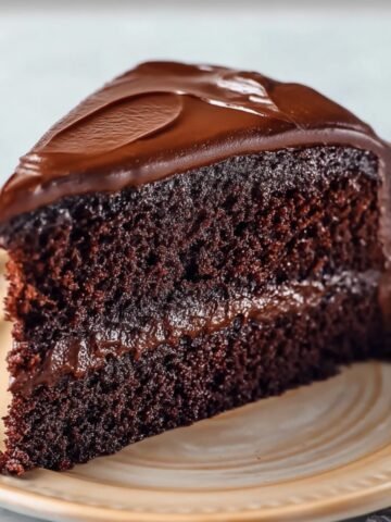 A close-up of a Chocolate Mayonnaise Cake slice with a smooth chocolate frosting, placed on a beige plate.