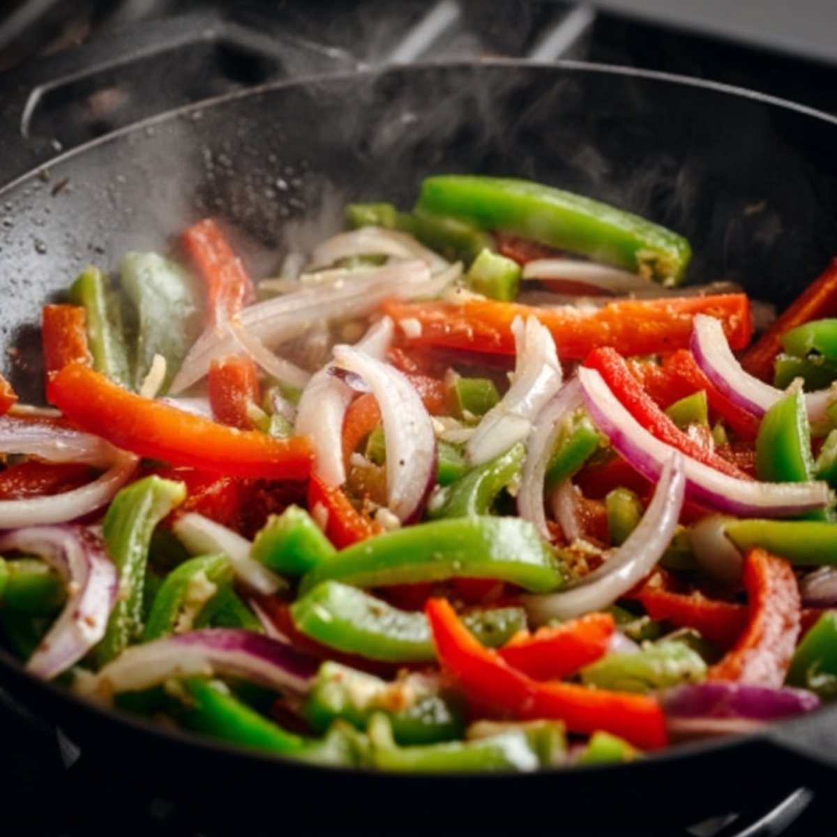Sliced bell peppers and onions sautéing in a hot pan with garlic and steam rising