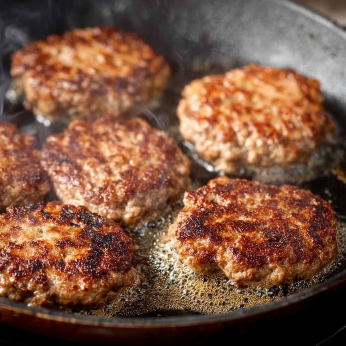 Beef patties sizzling and browning in a hot skillet, with some crispy edges forming on the meat.