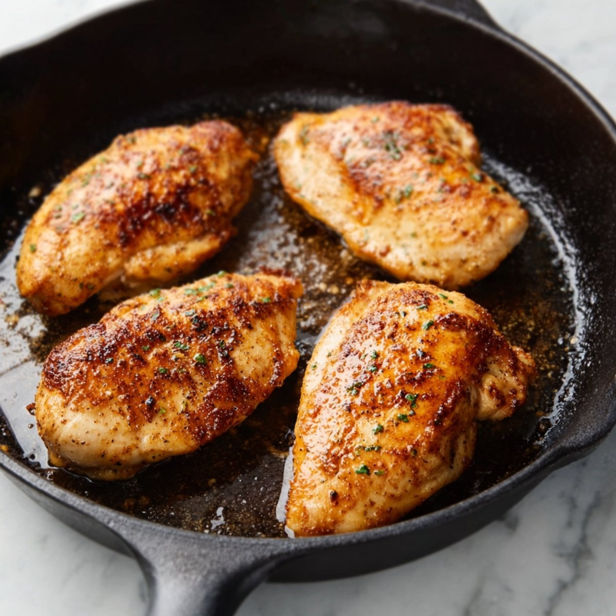 Chicken breasts seared in a skillet with a golden crust.