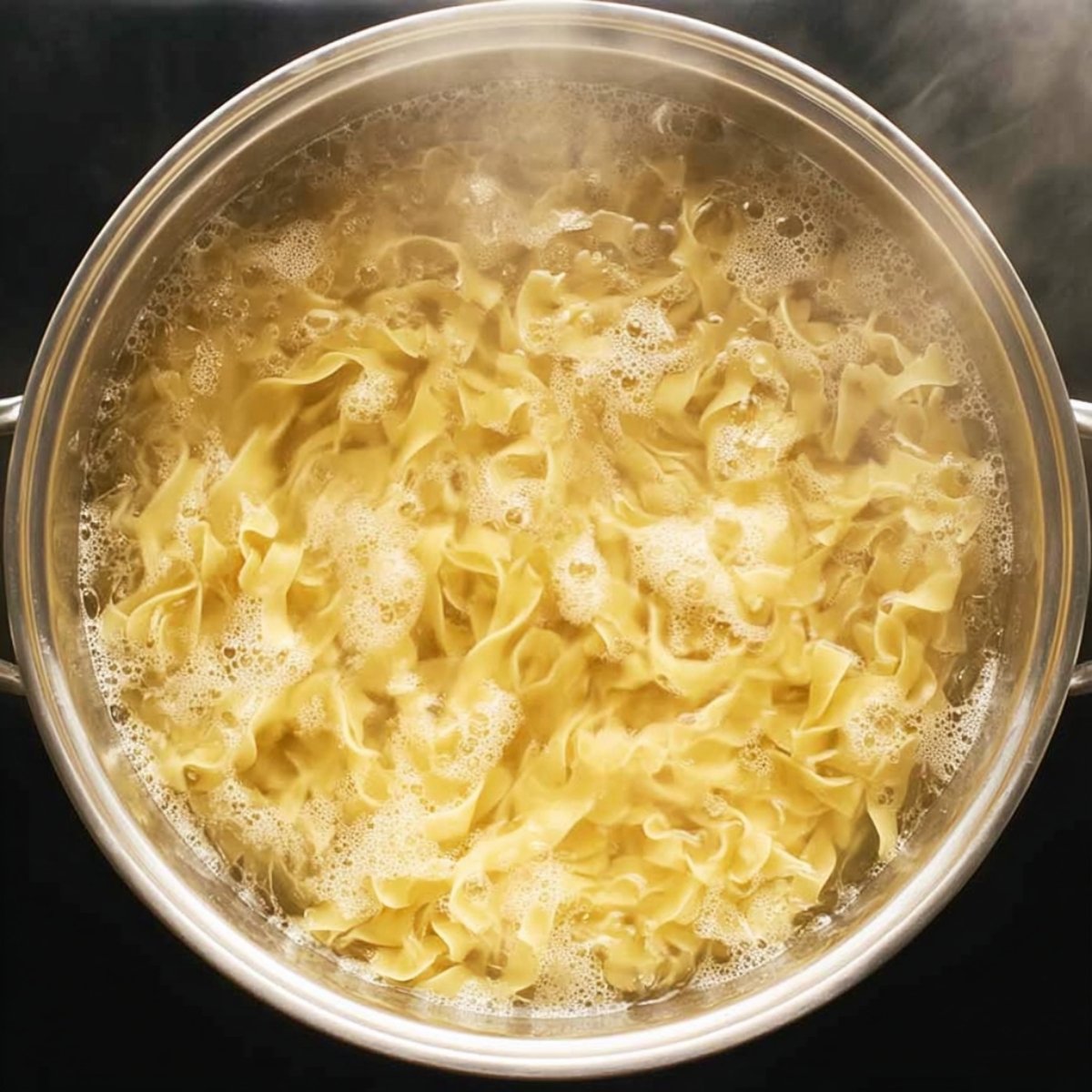Egg noodles boiling in a pot of salted water on the stovetop