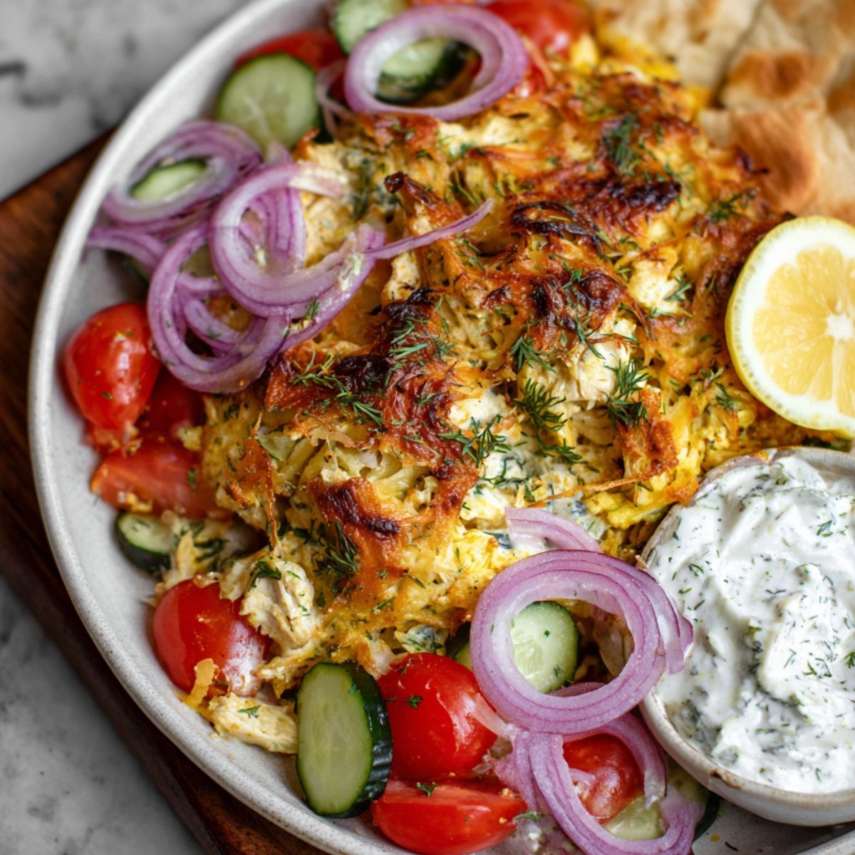 A close-up view of a Chicken Tzatziki Casserole served with a side of rice, garnished with onions, lemon wedges, and a creamy white sauce.
