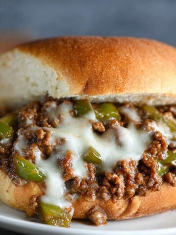 A close-up of a Philly Cheesesteak Sloppy Joes sandwich with melted cheese and a savory beef mixture.