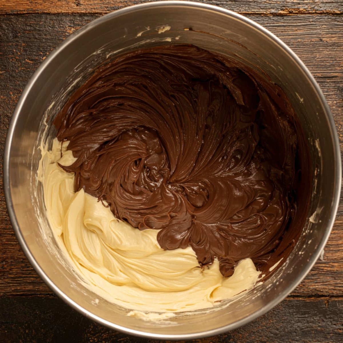 This image shows a stainless steel bowl with a mix of chocolate and buttercream frosting being swirled together.