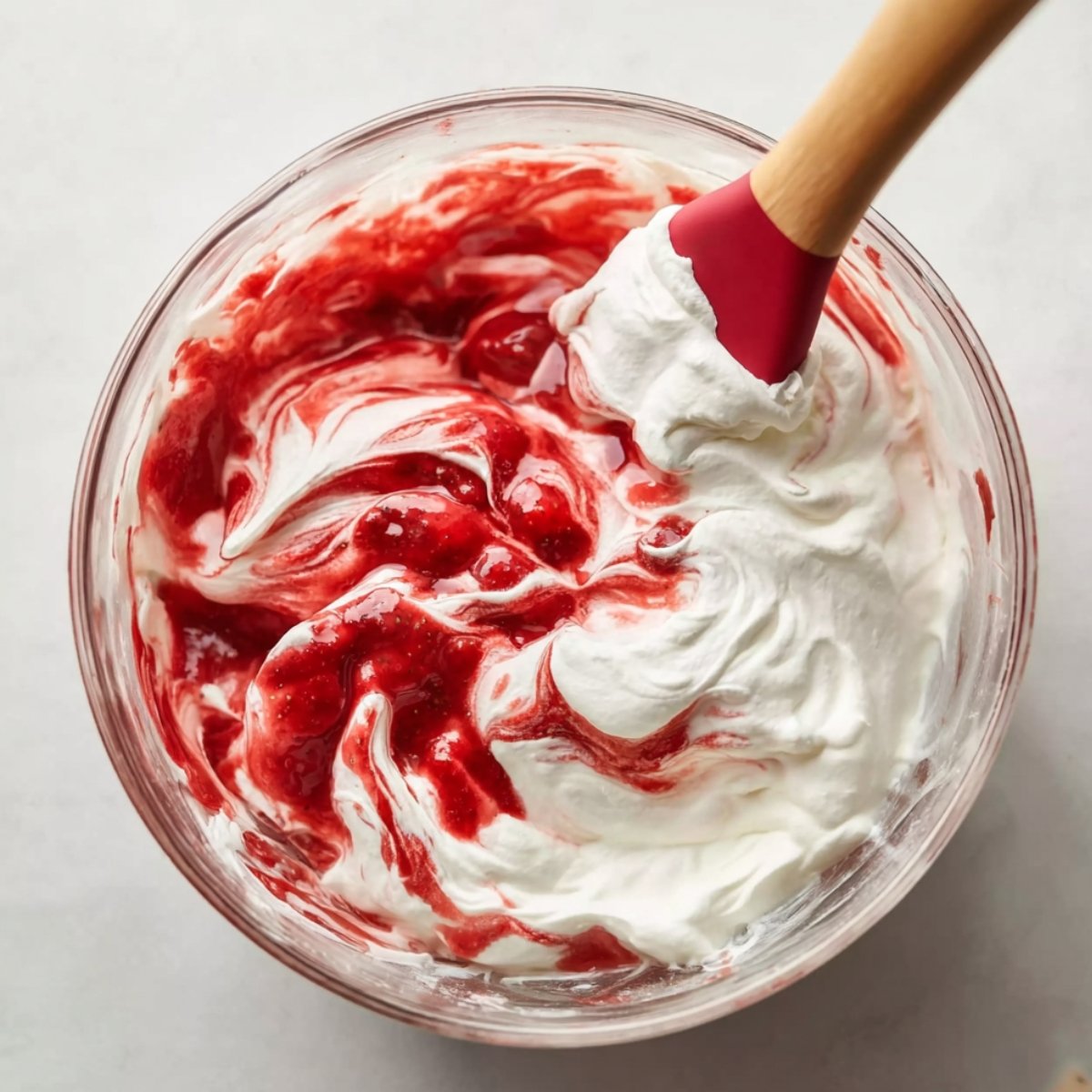 Whipped cream being folded with strawberry filling in a glass bowl, creating red and white swirls