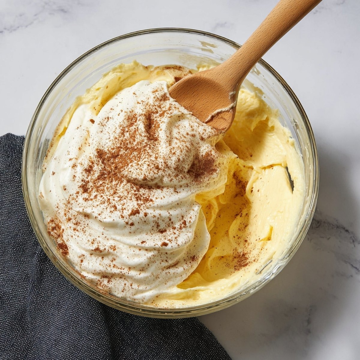 Eggnog pie filling being mixed in glass bowl with whipped cream and nutmeg