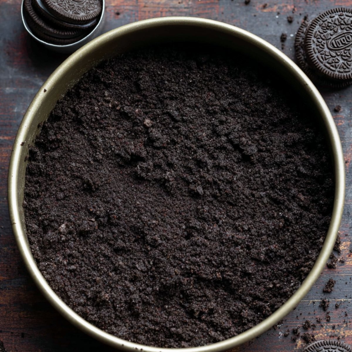 Oreo cookie crust in a pie dish, ready for filling.