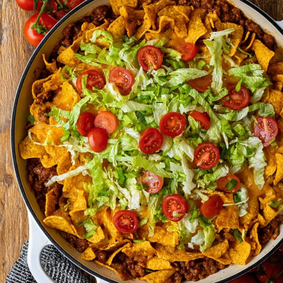 Frito taco casserole in a skillet topped with crushed Fritos, shredded lettuce, and cherry tomatoes, ready to serve