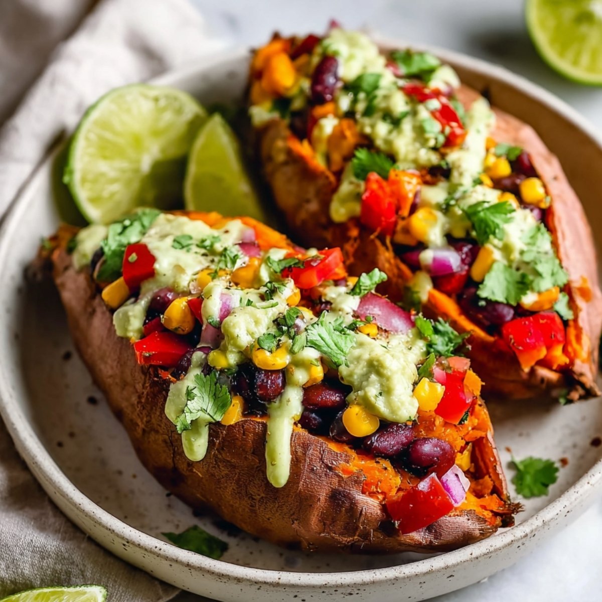 Healthy Mexican Stuffed Sweet Potatoes filled with black beans, corn, peppers, and drizzled with creamy avocado sauce in a rustic bowl.