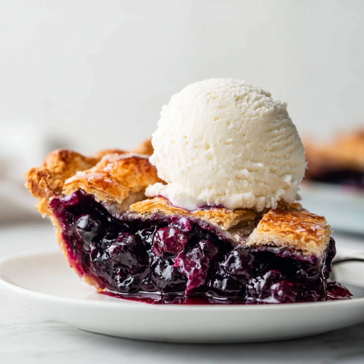 Close-up of blueberry pie slice with flaky crust and melting vanilla ice cream on top