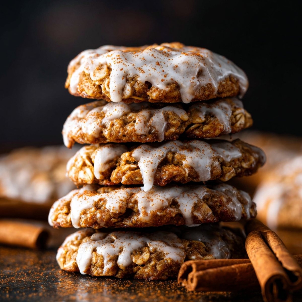 Stack of Iced Gingerbread Oatmeal Cookies drizzled with cinnamon glaze and sprinkled with spice.