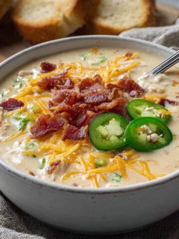 Creamy jalapeño popper chicken soup topped with bacon, shredded cheese, and sliced jalapeños in a bowl