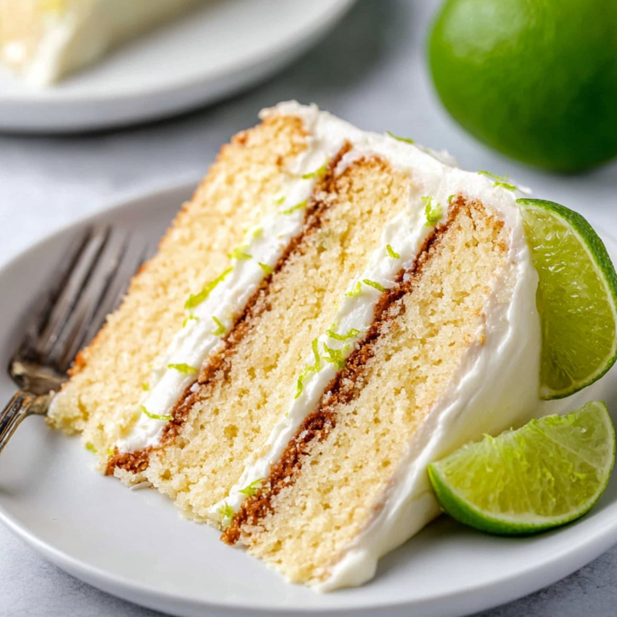 A slice of key lime cake on a plate, garnished with lime slices and frosting.