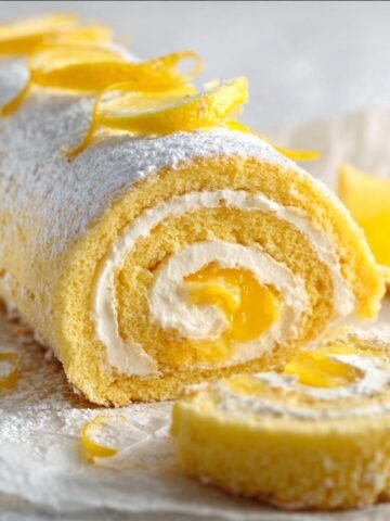 Lemon Swiss Roll cake filled with cream and lemon curd, dusted with powdered sugar