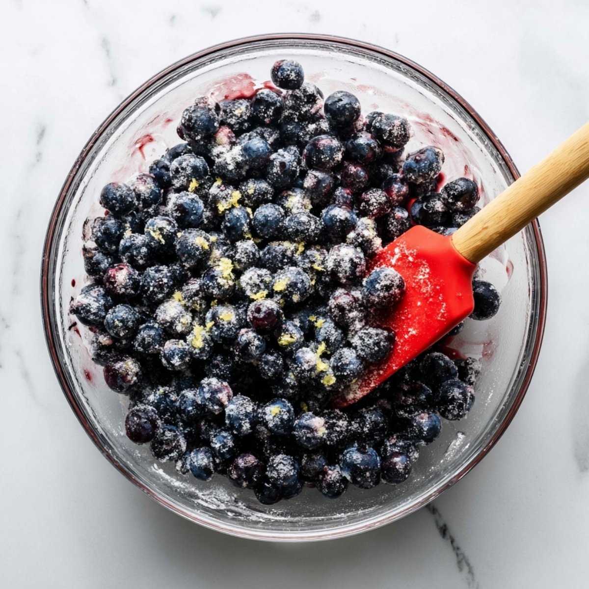 Fresh blueberries tossed with sugar and lemon zest in a glass bowl with a red spatula