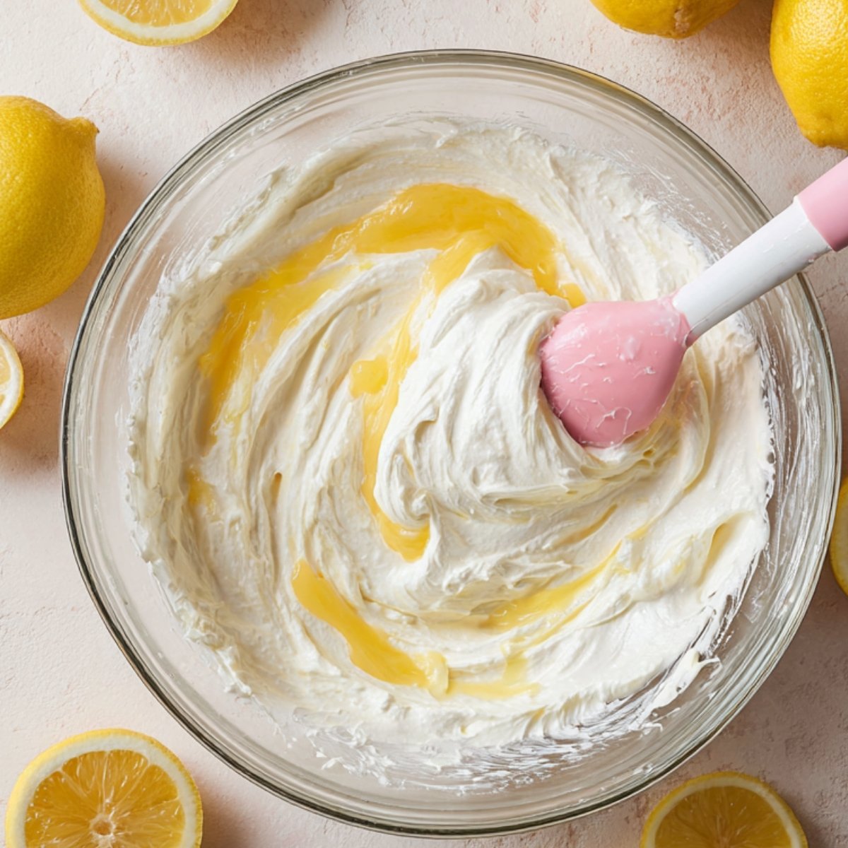 Lemon cream and whipped cream being folded together in a glass bowl