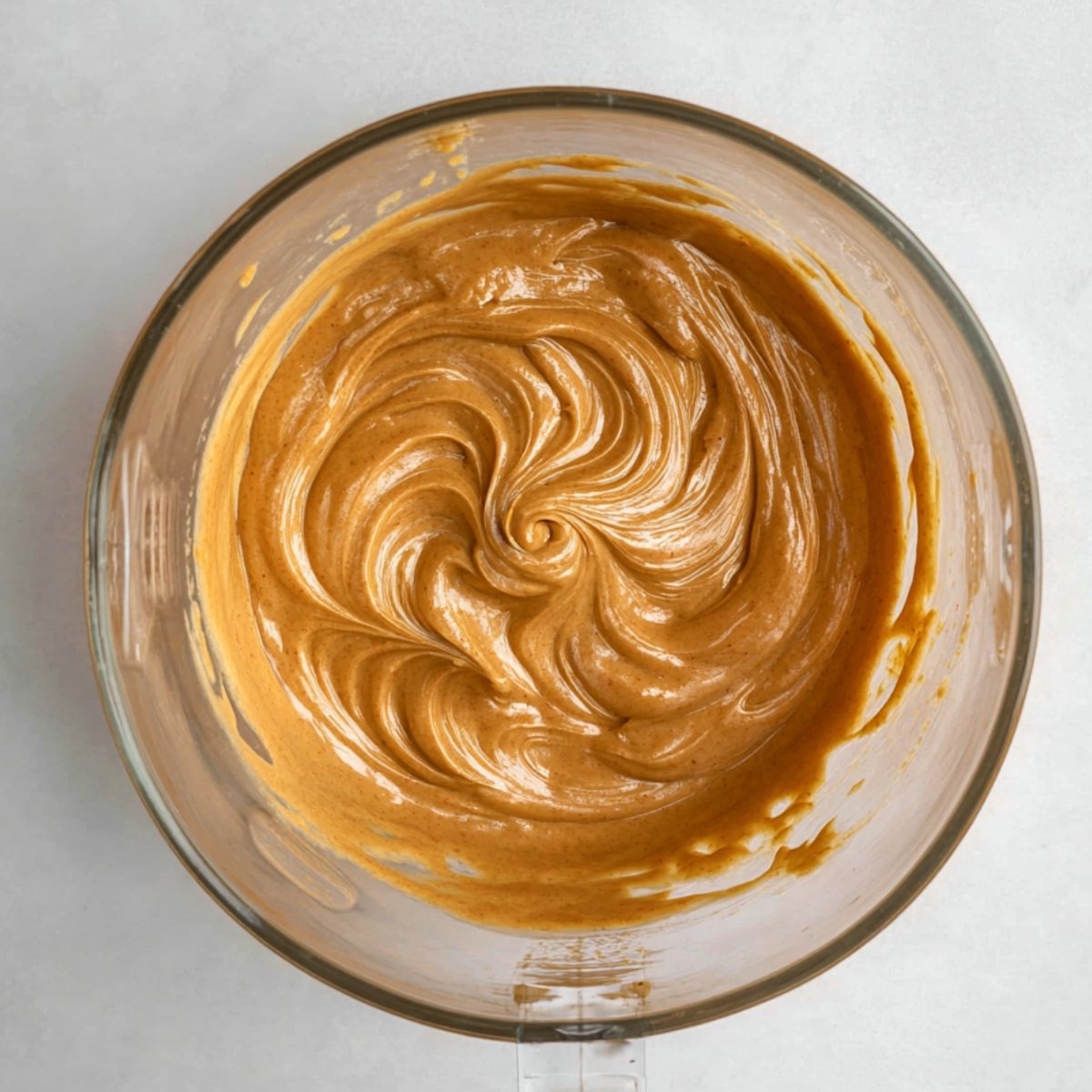 Smooth peanut butter mixture swirled in a glass bowl.