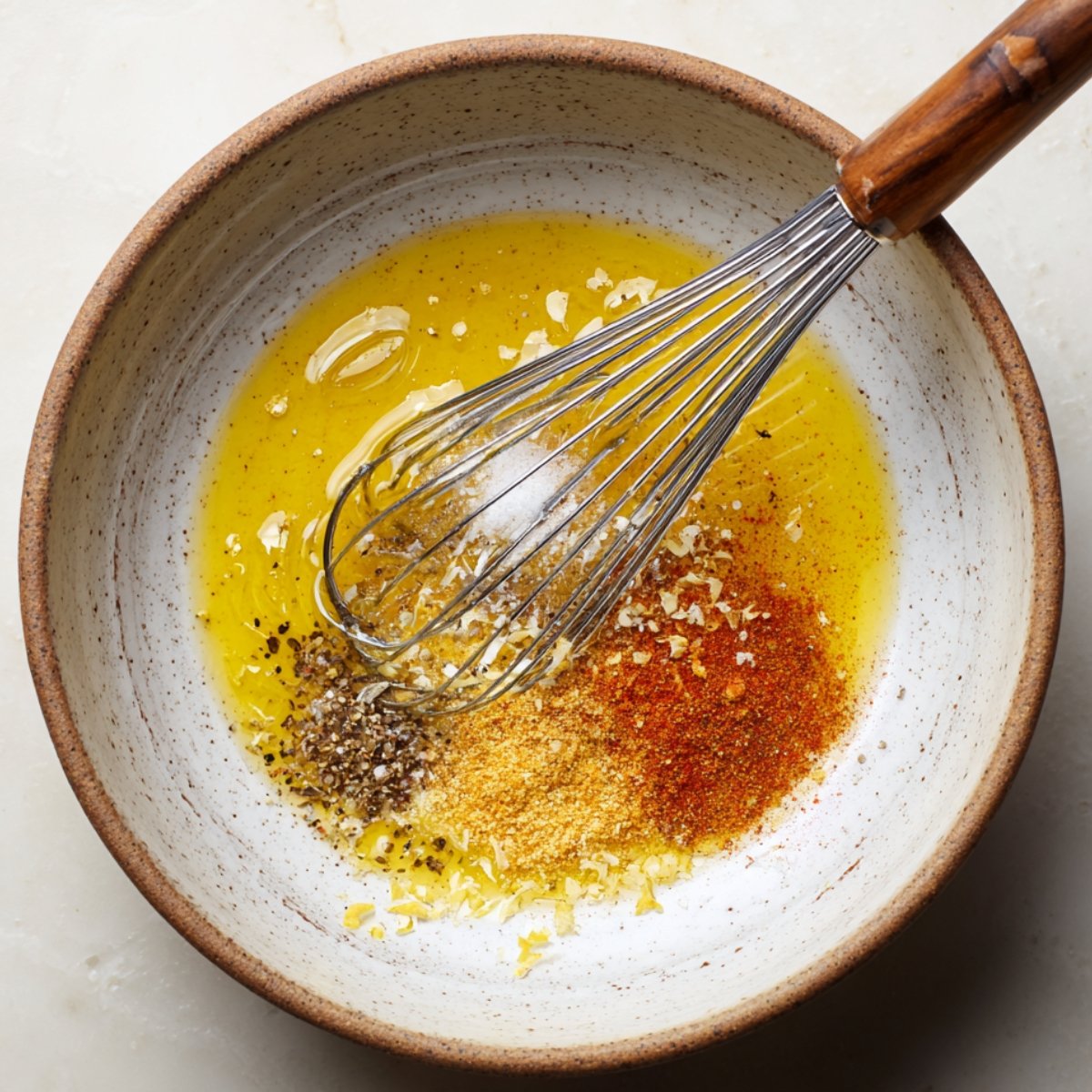 A bowl containing olive oil, spices, garlic, salt, and pepper, with a whisk stirring the ingredients together to create a flavorful marinade.
