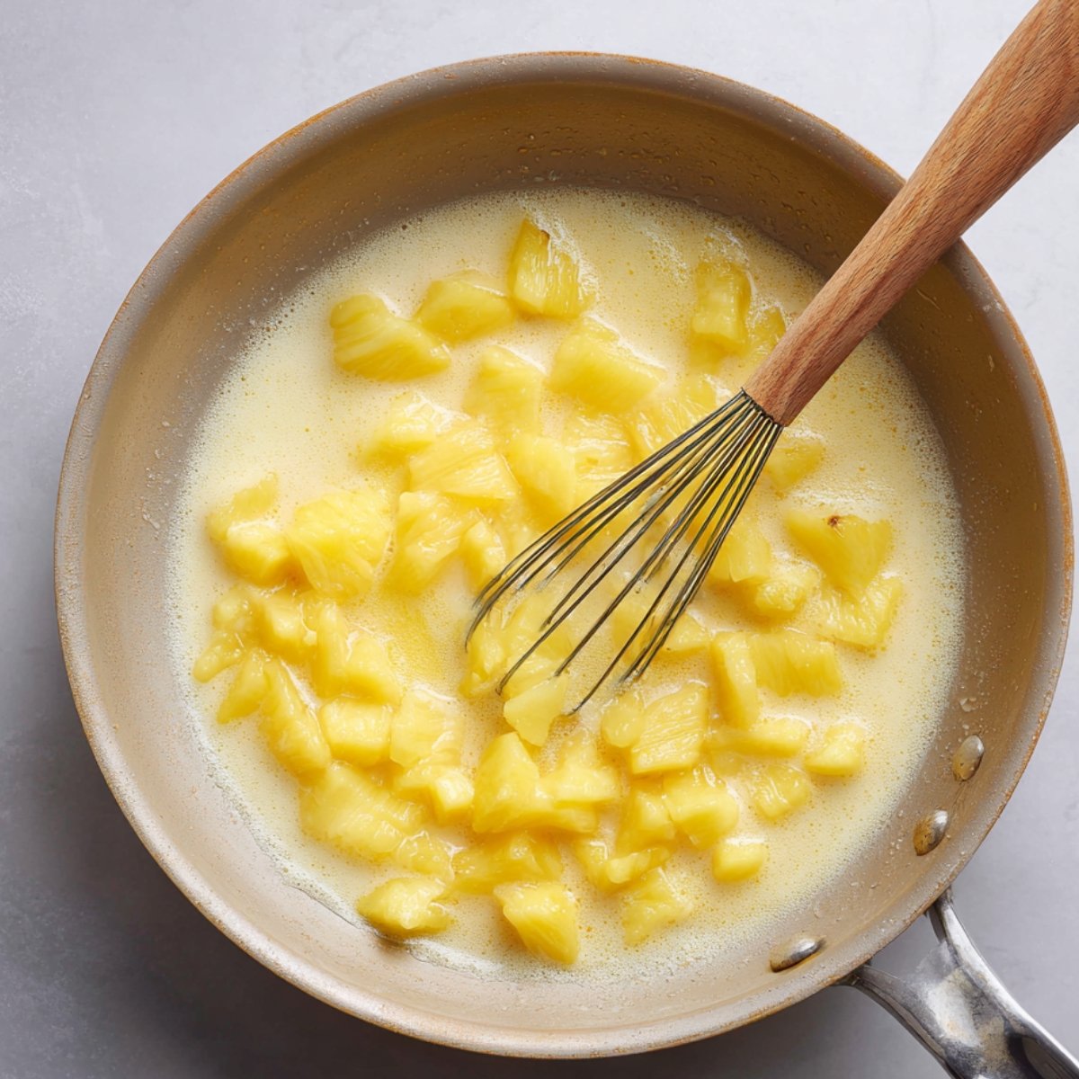 Pineapple chunks simmering in a creamy sauce in a skillet while being whisked with a wooden-handled whisk