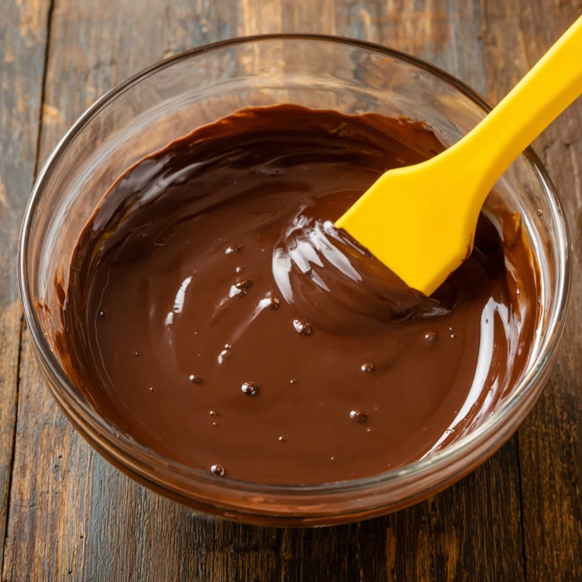 A yellow spatula is mixing smooth, glossy melted chocolate in a glass bowl.
