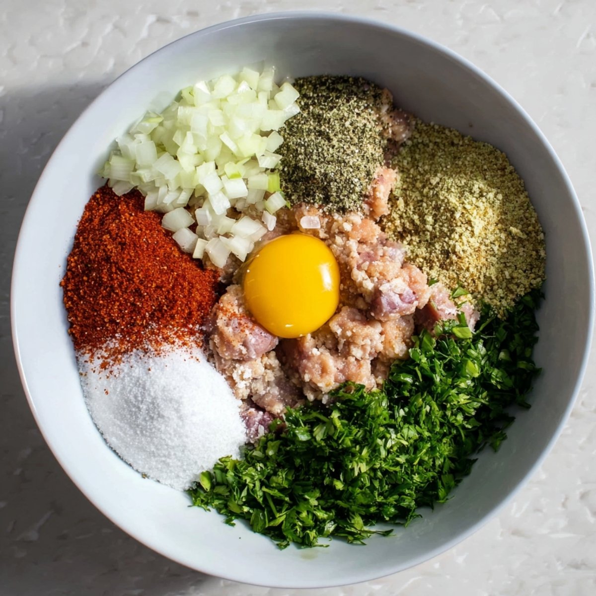A bowl filled with ground chicken, chopped onions, egg, spices like paprika, salt, pepper, and breadcrumbs along with fresh herbs and seasonings, ready to make meatballs.