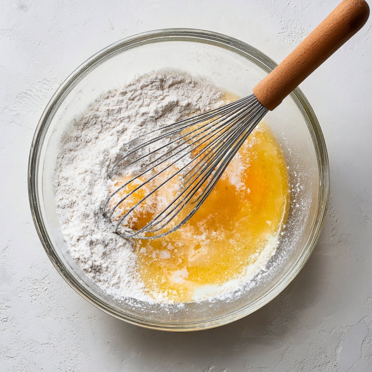 Whisk mixing egg yolks and flour in a glass bowl