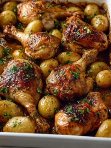 One Pan Chicken and Potatoes with crispy skin, served with golden baby potatoes, and garnished with fresh parsley, all baked in a pan for a simple and hearty meal.
