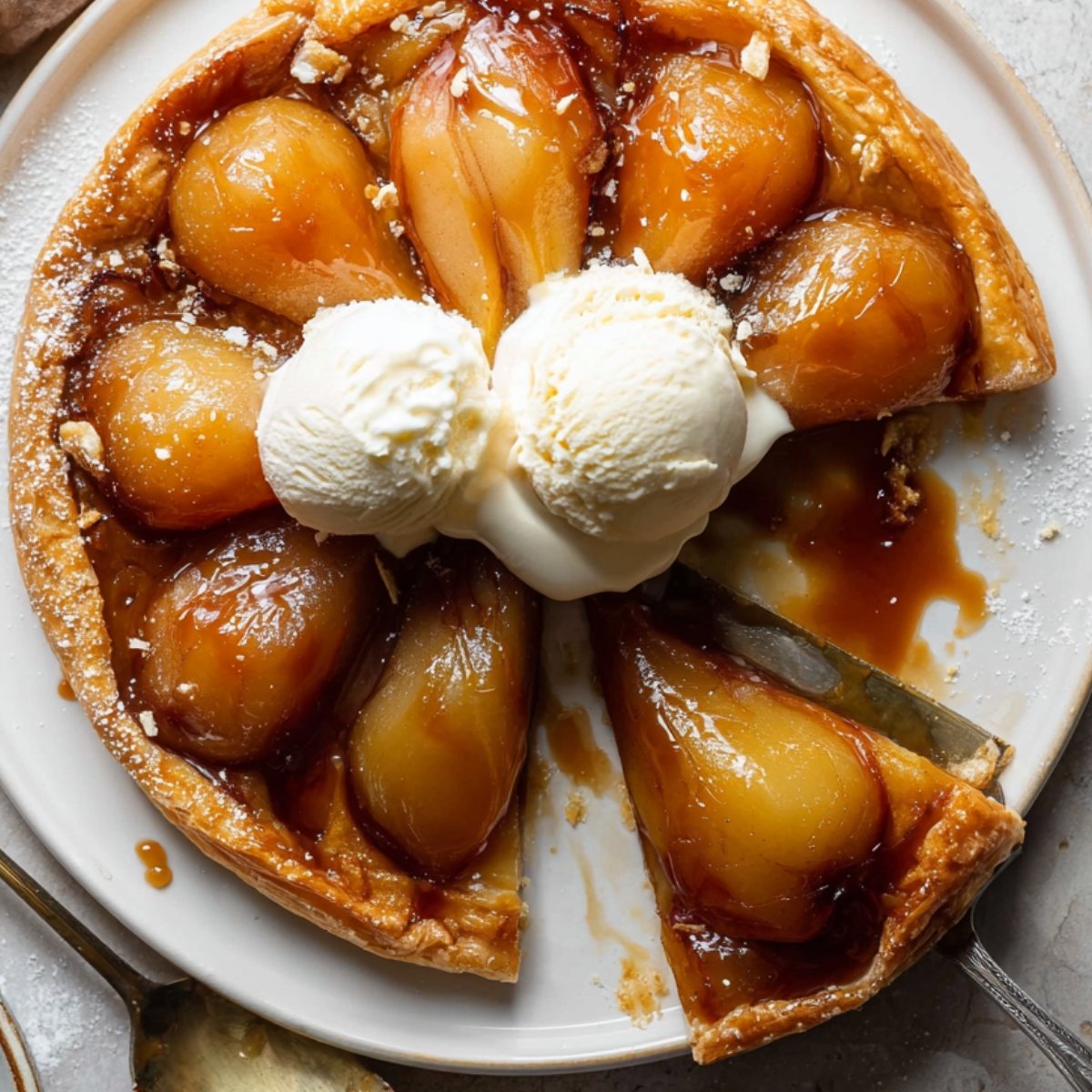 Pear Tarte Tatin Recipe with caramelized pears and flaky crust, topped with vanilla ice cream and one slice removed.