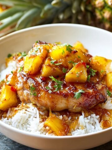 Pineapple Pork Chops served over white rice and topped with caramelized pineapple chunks and glossy sauce