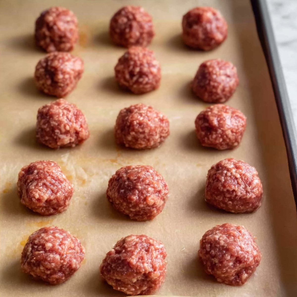 Raw meatballs arranged neatly on a parchment-lined baking tray, ready for cooking.