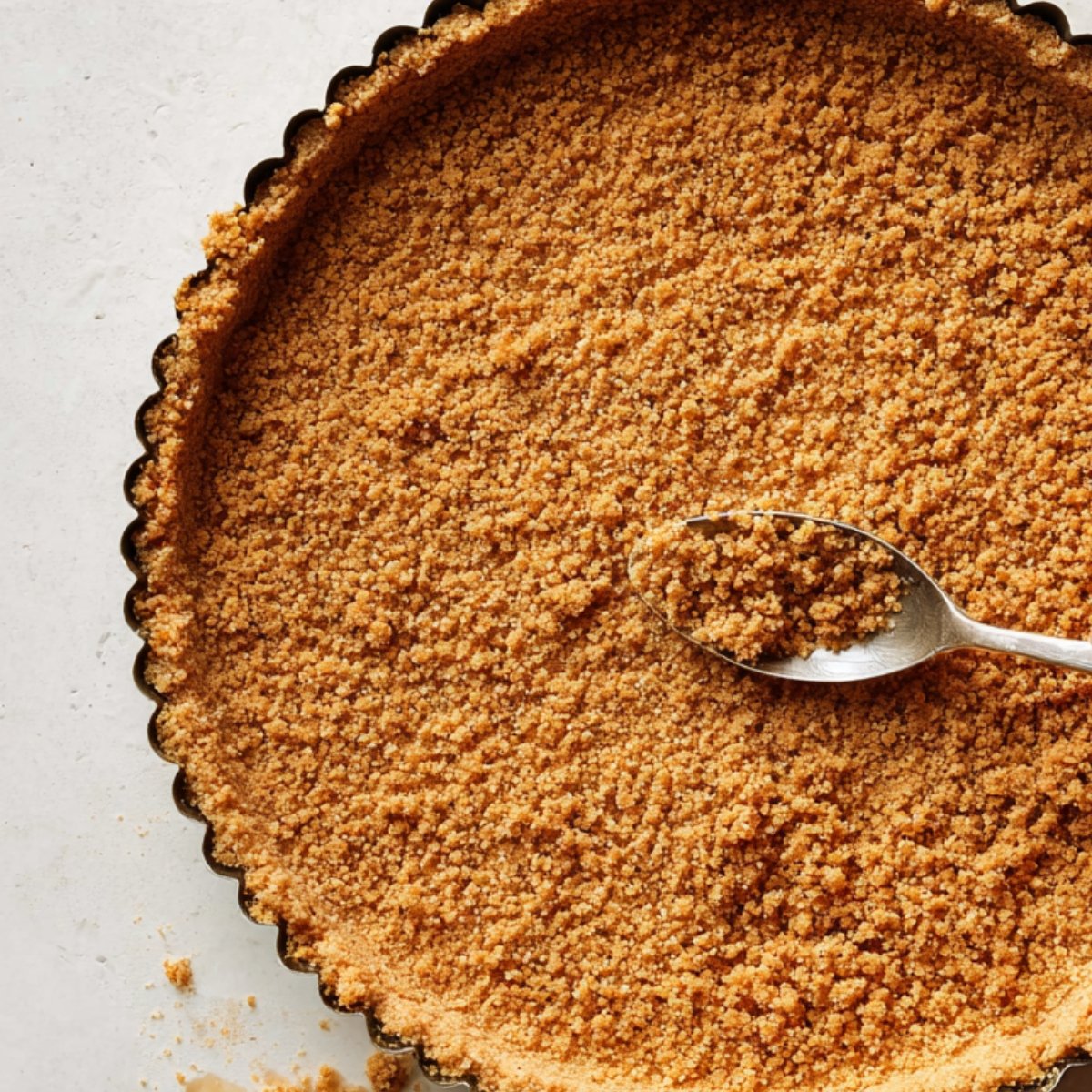 Spoon pressing graham cracker crumb mixture firmly into a fluted tart pan to form a homemade tart crust.