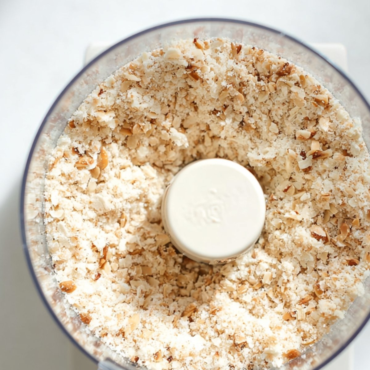 Chopped nuts being processed into fine crumbs in a food processor, top-down view on a white counter.