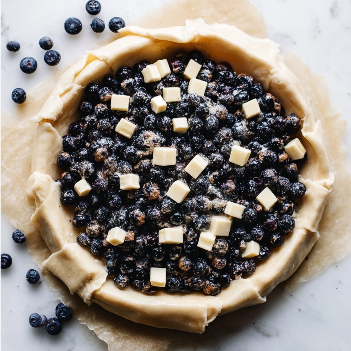 Unbaked blueberry pie filled with sugared blueberries and butter cubes inside rolled pie crust